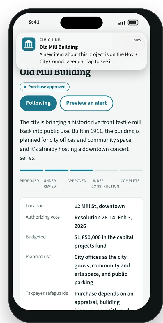 Phone alert about a followed project appearing on a City Council agenda