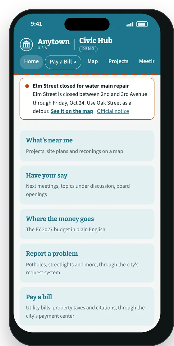 Home screen with a road closure alert
