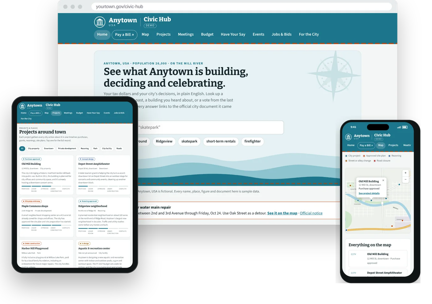 The Civic Hub demo open in a web browser on a computer, on a tablet and on a phone