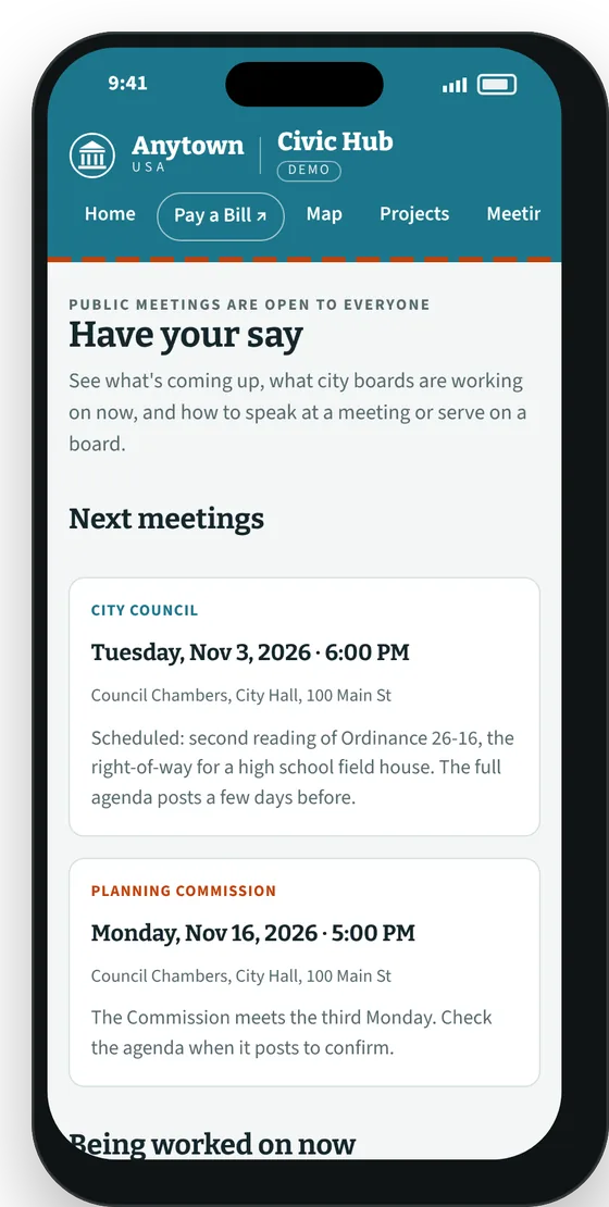 Have Your Say screen with upcoming meetings
