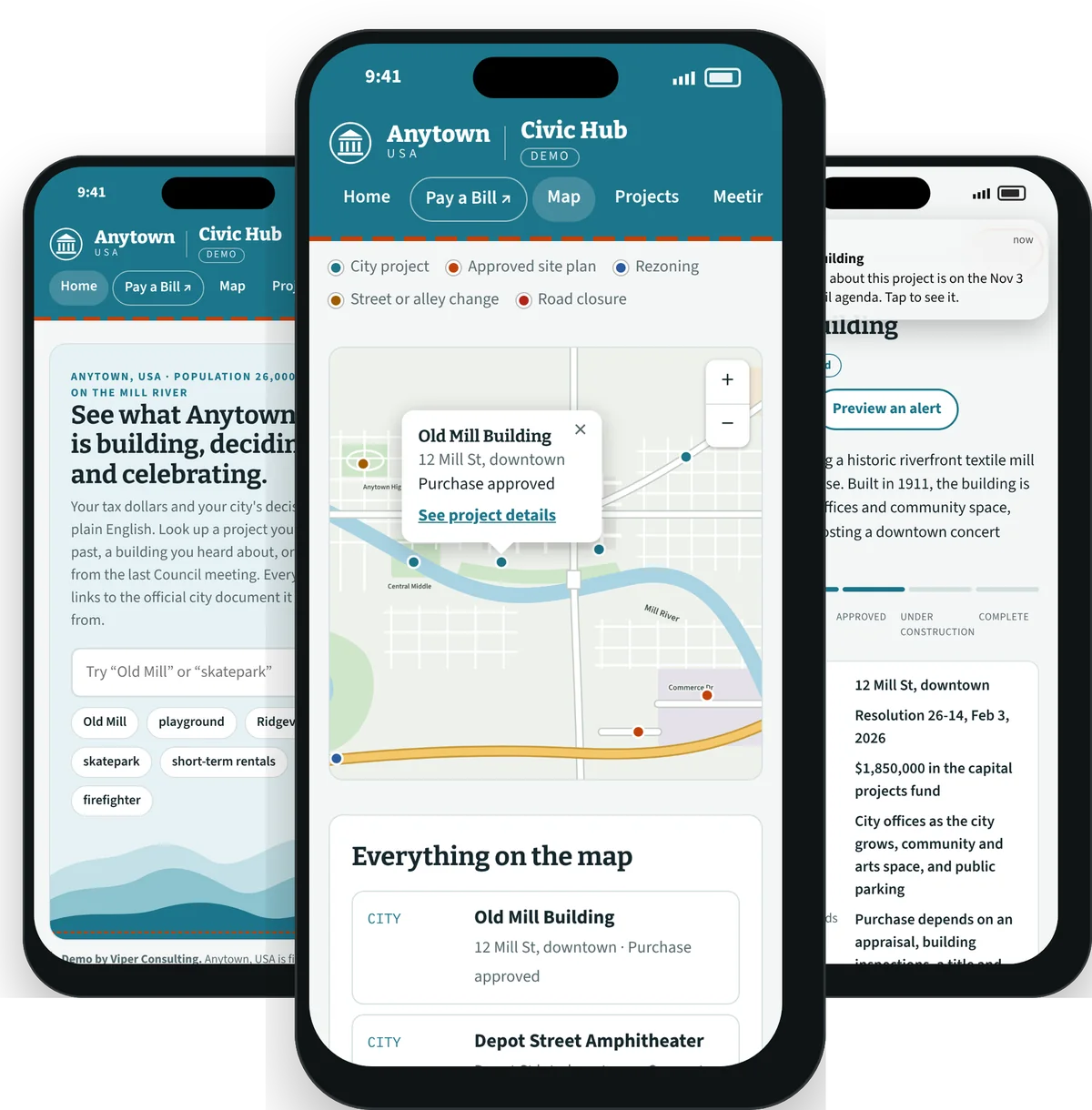 Three phone screens from the Civic Hub demo: the home page, a map of city projects, and an alert about a followed project