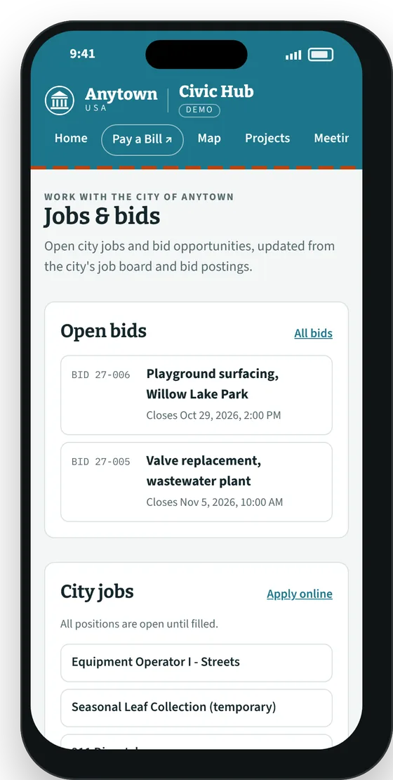 Jobs and bids screen with open city jobs
