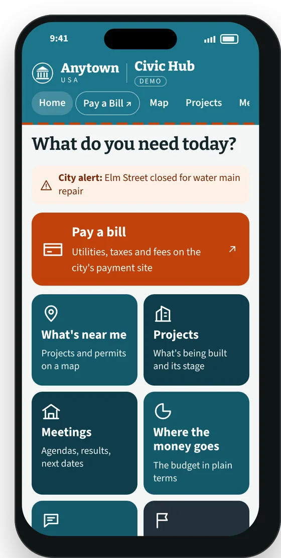 Easy View home screen with large labeled buttons