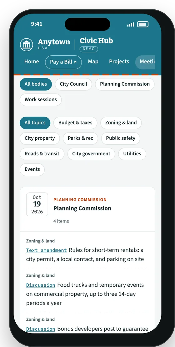 Meetings screen with agenda items sorted by topic