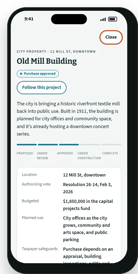 Project record with stage tracker and key facts