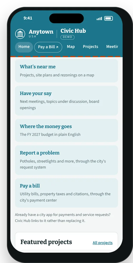 Home screen tiles linking to bill pay and problem reporting