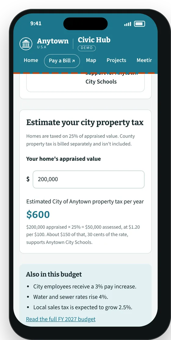 Property tax calculator screen